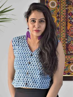 Sundarii - Blue Dabu Cotton Crop Top