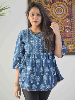 Sundarii - Desert - Indigo Dabu Hand Block Printed Cotton Long Flared Top