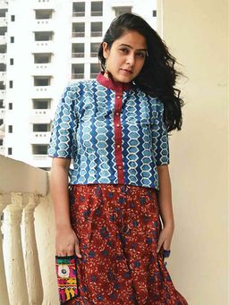 Sundarii - Indigo Honey Comb Dabu Hand Block Printed Cotton Crop Top