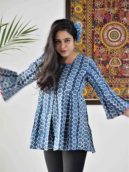 Sundarii - Roseate- Indigo Dabu Hand Block Printed Cotton Long Flared Top