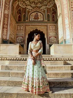 Karaj Jaipur - Fiza Pure Muslin Light Blue And Yellow Lehenga With Blouse And Dupatta