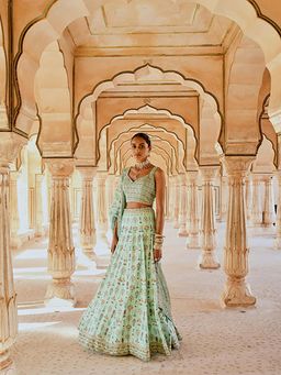 Karaj Jaipur - Fiza Mint Green Printed Pure Muslin Lehenga With Blouse And Dupatta