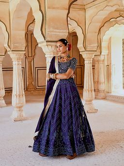 Karaj Jaipur - Fiza Navy Blue Bandhani Lehenga With Blouse And Dupatta