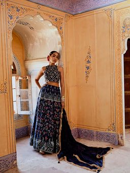 Karaj Jaipur - Fiza Blue Printed Floral Printed Lehenga With Blouse And Dupatta