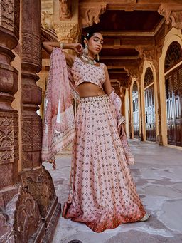 Karaj Jaipur - Fiza Peach Printed Lehenga With Blouse And Dupatta