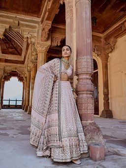 Karaj Jaipur - Fiza Light Peach Small Butti Embroidered Lehenga With Blouse And Dupatta