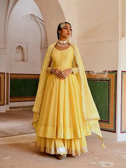 Karaj Jaipur - Inayat Yellow Anarkali Kurta With Lehenga And Dupatta
