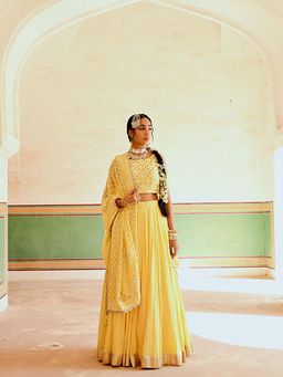 Karaj Jaipur - Inayat Yellow Flared Lehenga With Blouse And Dupatta