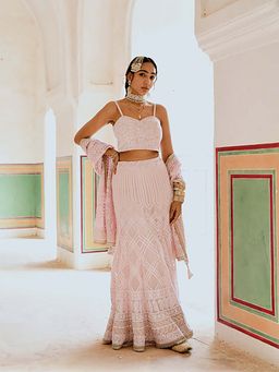 Karaj Jaipur - Inayat Chikankari Pink Lehenga With Blouse And Dupatta