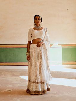 Karaj Jaipur - Inayat Cream Chikankari Lehenga With Blouse And Dupatta