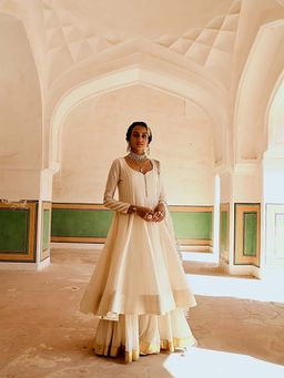 Karaj Jaipur - Inayat Cream Anarkali Kurta With Lehenga And Dupatta