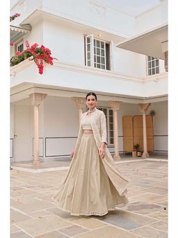 Karaj Jaipur - Off White Chikankari Lehenga With Blouse And Jacket