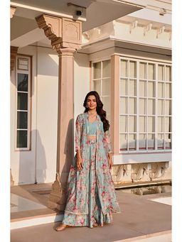 Karaj Jaipur - Ice Blue Embroidered Lehenga With Blouse And Jacket