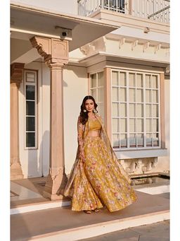 Karaj Jaipur - Mustard Printed Embroidered Lehenga With Blouse And Jacket
