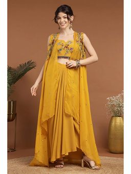 RIRASA - Madana Mustard Crop Top With Cape And Skirt