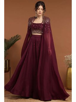 RIRASA - Shyam Wine Crop Top With Cape And Skirt