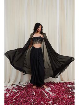 RIRASA - Utsang Black Embroidered Sequin Crop Top With Cape And Skirt