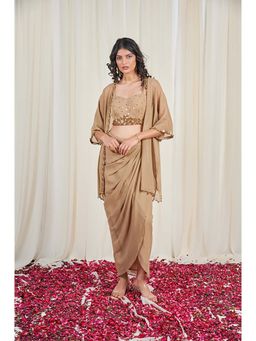 RIRASA - Mukuta Set Beige Georgette Embroidered Crop Top With Cape And Skirt