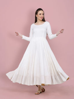 Indian Virasat - Women's White Embellished Cotton Maxi Dress