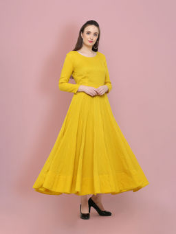 Indian Virasat - Women's Yellow Embellished Cotton Maxi Dress