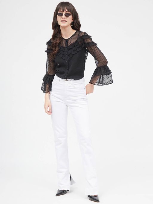 Poppy Women Black Chiffon Long Sleeves Ruffled Top