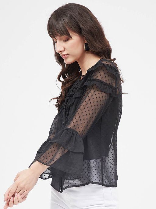 Buy Poppy Women Black Chiffon Long Sleeves Ruffled Top Online