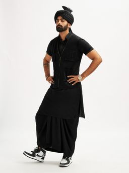 Vastramay - Men Black Viscose Kurta with Lungi and Safa with Shacket (Set of 4)