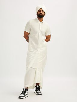 Vastramay - Men White Viscose Kurta with Lungi and Safa (Set of 3)