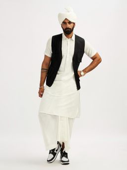 Vastramay - Men White Viscose Kurta with Lungi and Safa with Shacket (Set of 4)