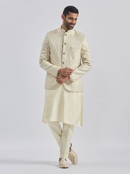 Vastramay - Men Silk Blend Jacquard Self Design Bandhgala Jacket Kurta with Trouser (Set of 3)