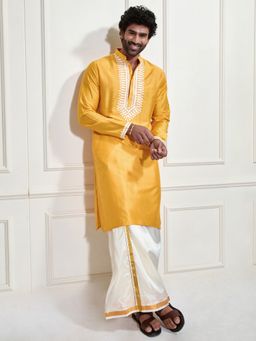 Vastramay - Men Moonga Silk Yoke Embroidered Kurta with Mundu (Set of 2)