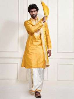 Vastramay - Men Moonga Silk Yoke Embroidered Kurta with Mundu and Dupatta (Set of 3)