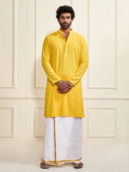 Vastramay - Men Rayon Sequined Schiffli Embroidered Kurta with Mundu (Set of 2)