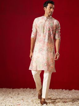 Vastramay - Men Cream Cotton Blend Floral Printed Kurta with Trouser (Set of 2)