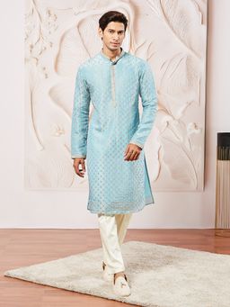 Vastramay - Men Tissue Silk Embroidered Traditional Kurta with Trouser (Set of 2)