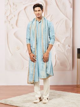 Vastramay - Men Tissue Silk Embroidered Traditional Kurta with Trouser and Dupatta (Set of 3)