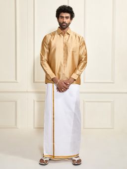 Vastramay - Men Ethnic South Indian Style Full Sleeves Silk Shirt with Mundu (Set of 2)