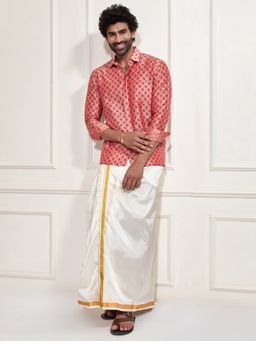 Vastramay - Men Cotton Blend Block Printed Shirt with South Indian Shirt with Mundu (Set of 2)