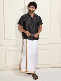 Vastramay - Men Ethnic South Indian Style Half Sleeve Silk Shirt with Mundu (Set of 2)