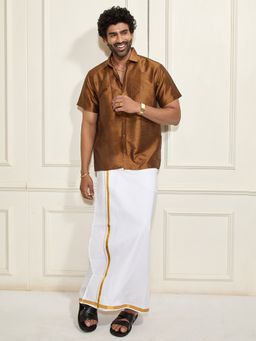 Vastramay - Men Ethnic South Indian Style Half Sleeve Silk Shirt with Mundu (Set of 2)