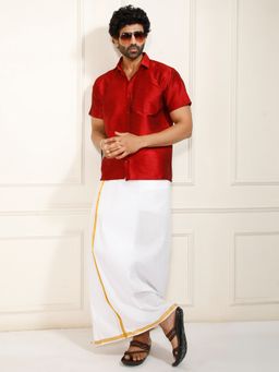 Vastramay - Men Ethnic South Indian Style Half Sleeve Silk Shirt with Mundu (Set of 2)