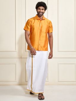 Vastramay - Men Ethnic South Indian Style Half Sleeve Silk Shirt with Mundu (Set of 2)