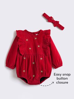 Hopscotch - Maroon Star Embroidered Onesie with Headband (Set of 2)