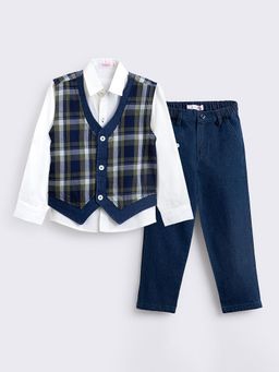 Hopscotch - Checks Print Waistcoat, Shirt and Jeans (Set of 3)