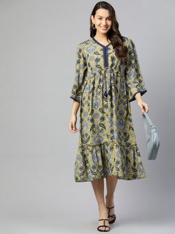 Nayam by lakshita - Floral Print Flared Sleeves Tie-Up Detail Midi Ethnic Dress