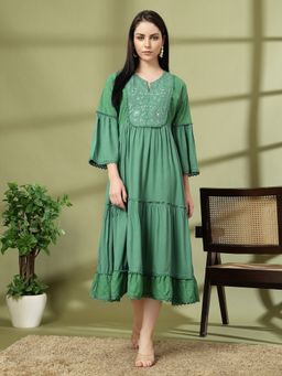 Nayam by lakshita - Women Solid Embroidered Rayon Tiered Midi Dress