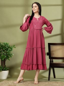 Nayam by lakshita - Solid Embroidered Rayon Midi Tiered Dress