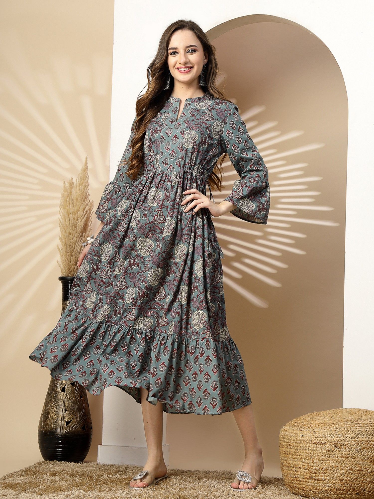 Floral Printed Cotton Flared Midi Dress-image-45