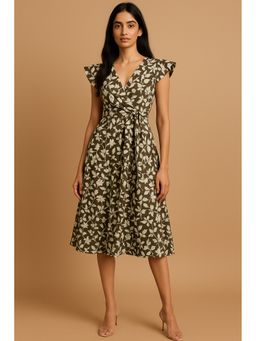 SAAKI - Fleur Olive Floral Printed Ruffle Midi Dress