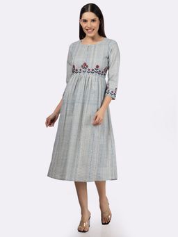 Saffron Threads - Blue Cotton Embroidered Micro Grid Print Midi Dress